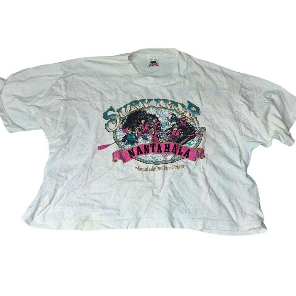 Vintage fruit of the loom one size midriff nature rafting shirt stains